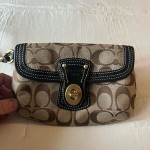 Coach Legacy Signature Jacquard Turnlock Flap Wristlet in Black and Brown
